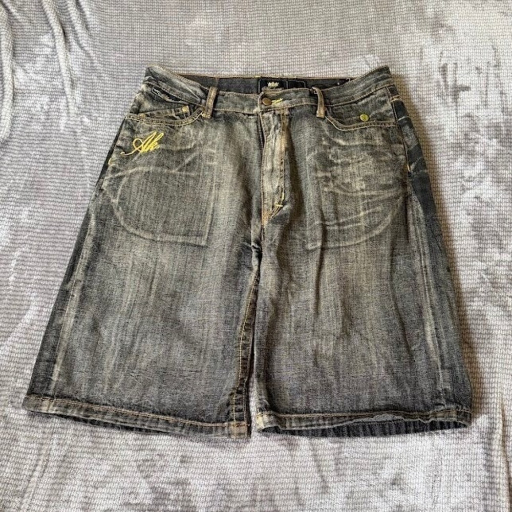 Akademiks Mens Denim Shorts 34x11 Blue Acid Wash Baggy Y2K Streetwear Hip Hop
